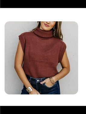 Sleeveless Turtleneck Knit Sweater Vest in Rust Brown
